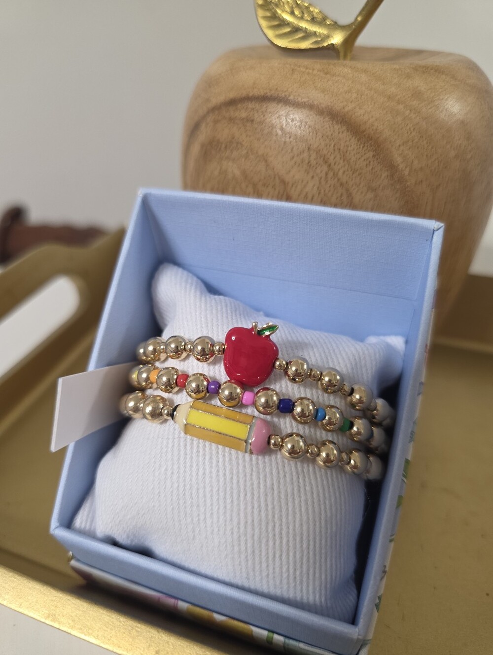 True To Form Gold Beaded Bracelet Set with Red Apple & Yellow Pencil Charms